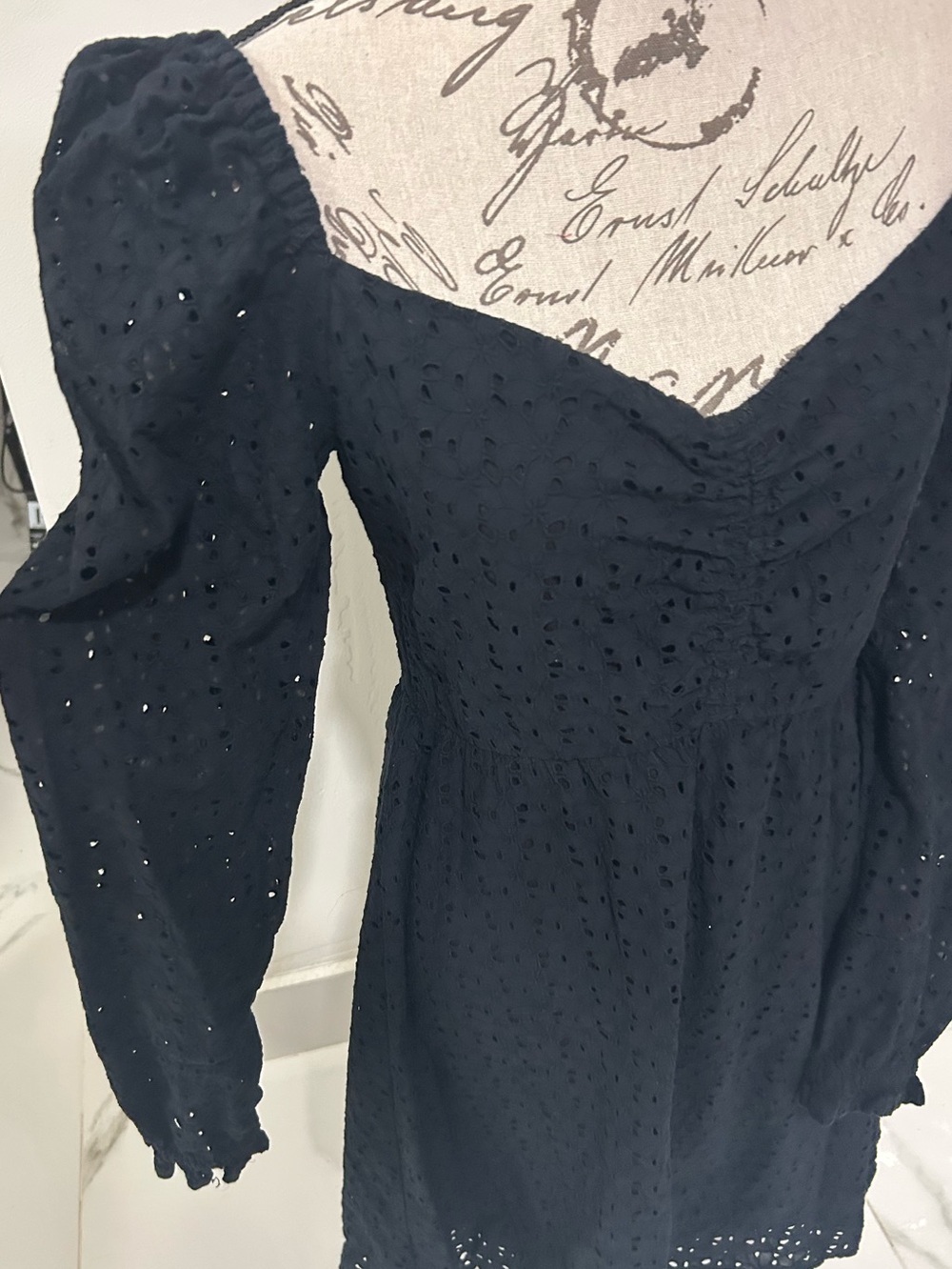 Chelsea28 Black Eyelet Long-Sleeve Mini Dress 100% Cotton from India S